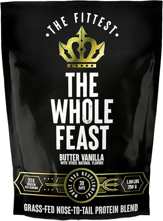 The Fittest Whole Feast Beef Protein Powder - Butter Vanilla - Grass Fed Nose to Tail Carnivore Blend Including Liver, Colostrum and Whole Bone - BCAAs - 14g Collagen - 21g Total Protein
