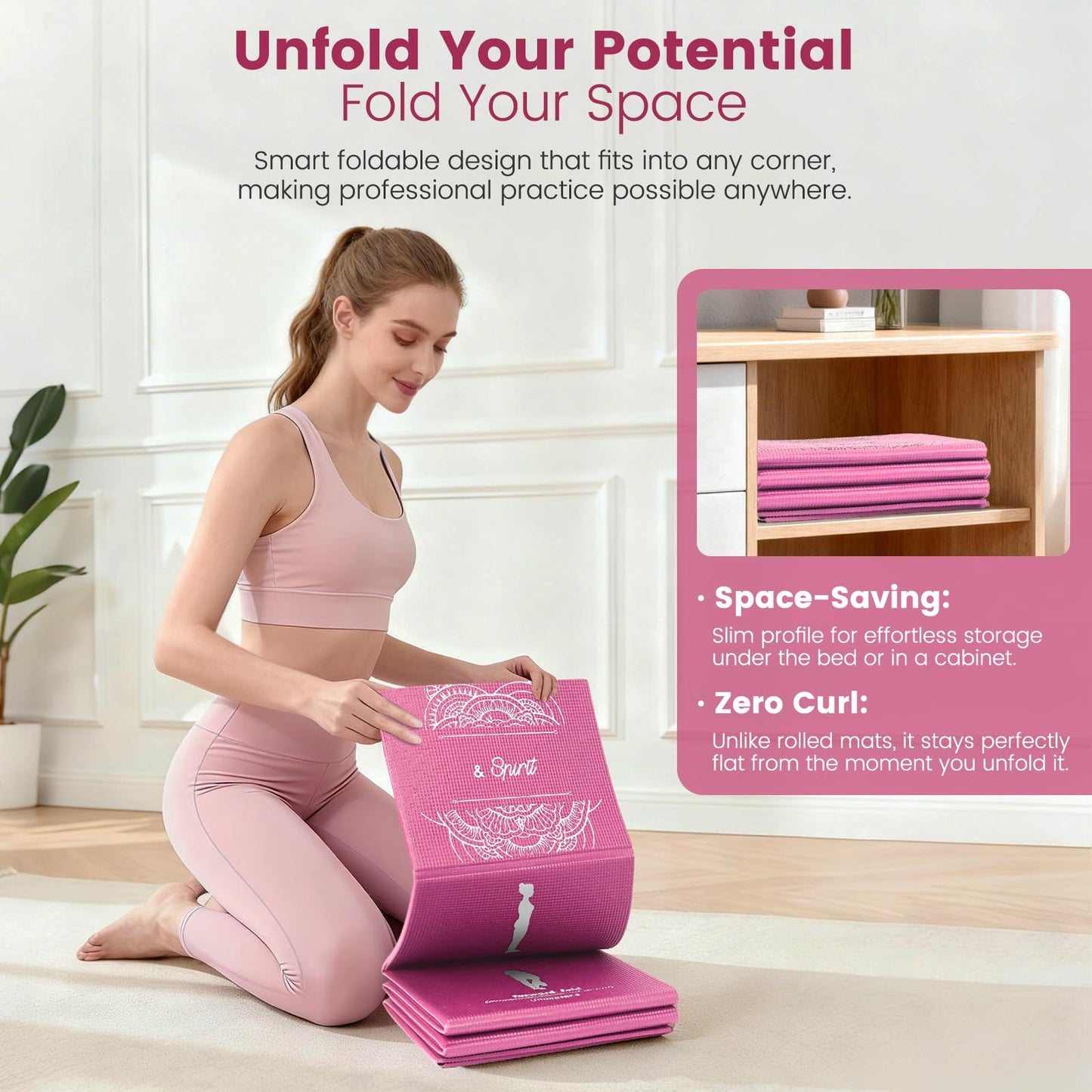 Foldable Yoga Mat and Blocks Set for Women with 2 Pack Yoga Blocks and Strap,Thin Non Slip Pilates