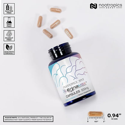 Nootropics Depot Erinamax Lion's Mane 500mg Capsules | Liquid Culture Mycelium | 2.5mg Erinacine A | Mood, Cognition, & Nerve Support | 60 Count