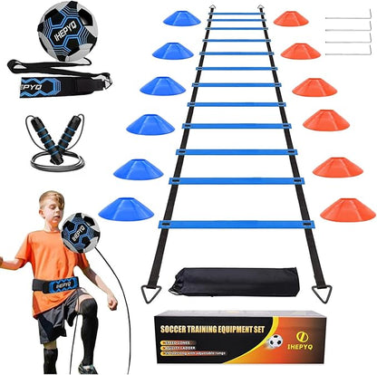 Soccer Agility Training Equipment Set, 12 Rung 20Ft Agility Ladder, 12 Disc Cones, 4 Steel Stakes, Solo Soccer Trainer, Jump Rope - Speed Training Equipment for Soccer Football Basketball