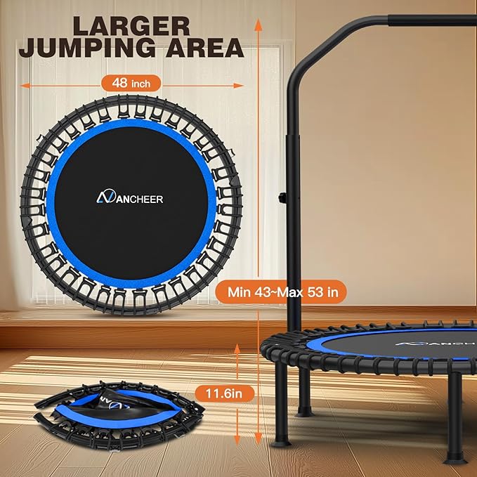 ANCHEER 40"/48" Foldable Rebounder Trampoline for Adults/Kids with Resistance Bands and Bungees, Indoor & Outdoor Mini Trampoline with Bar and Safety Padding - Max Load 450lbs/550lbs