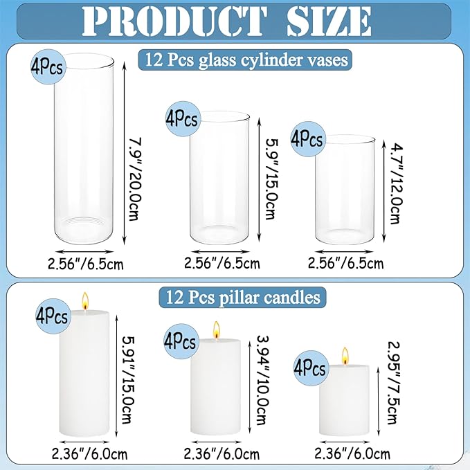 24 Pcs White Pillar Candles with Glass Candle Holder Hurricane Glass Candle Holders Clear Cylinder Vases for Centerpieces Wedding Office Party Home Table Decor