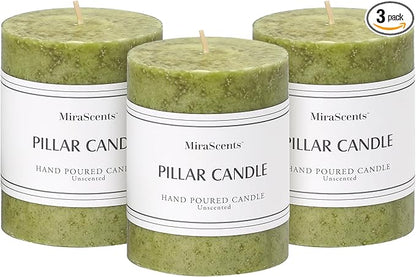 3x4 inch Green Pillar Candles Set of 3, Unscented Pillar Candle, Dripless and Smokeless Large Candles, Candle for Home Decor, Dinner Table,Weddings, Holidays