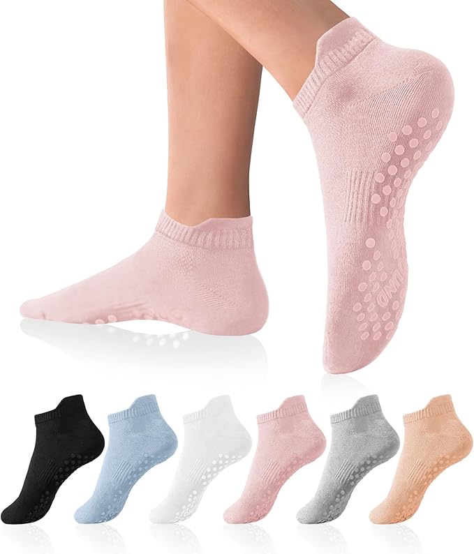 DIBAOLONG Pilates Socks with Grips for Women Yoga Socks Non Slip Barre Hospital Socks 6-Pairs Grippy Ankle Socks