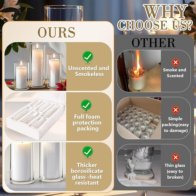 12 PCS White Pillar Candles with Glass Candle Holders Clear Hurricane Candle Holders Glass Cylinder Vases for Centerpieces Wedding Party, Event, Home Office (6 Candles+6 Candle Hoders)