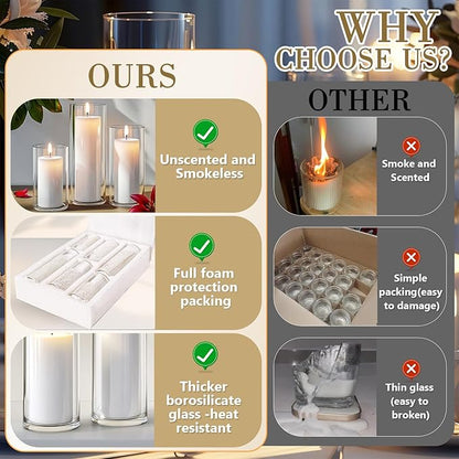24 PCS Ivory White Pillar Candles with Glass Candle Holders Clear Hurricane Candle Holders Glass Cylinder Vases for Centerpieces Wedding Party, Event, Home Office (12 Candles+12 Candle Hoders)