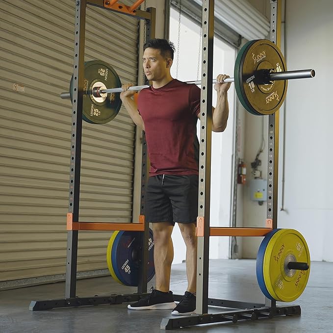 Sunny Health & Fitness Power Zone Strength Rack Power Cage - 1000 LB Weight Capacity, Spotter Bar, Angled Pull-Up Bar, J-Hooks, Resistance Band Pins, Optional LAT Pull Down