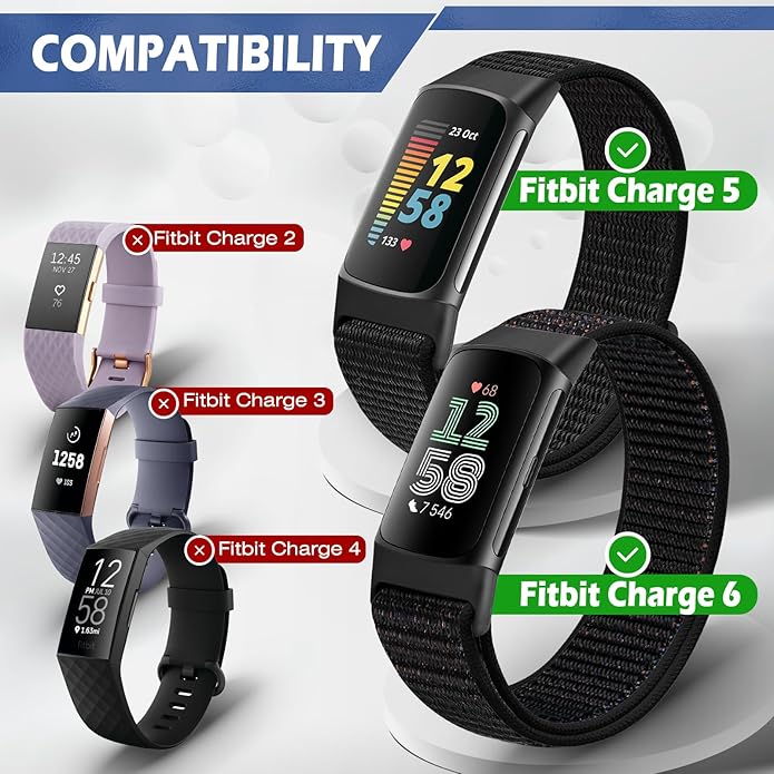Sport Loop Nylon Watch Bands Compatible with Fitbit Charge 6/5, Adjustable Breathable Replacement Soft Nylon Loop Wristband for Women/Men