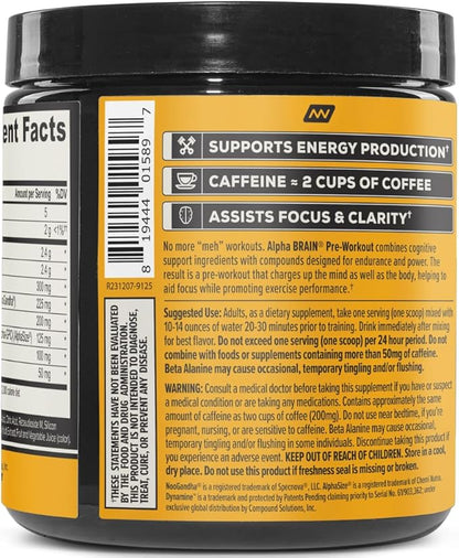 ONNIT Alpha Brain Pre-Workout Powder, Tiger's Blood Flavor, Pre-Workout Supplement for Women and Men, Dietary Supplement, 20 Servings per Tub 6.76 oz