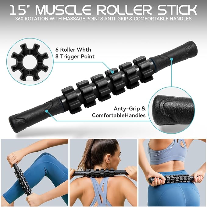 5-in-1 Foam Roller Set, Massage Roller Stick, Massage Ball, Resistance Band for Deep Muscle Massage, Trigger Point Release, Pilates, Yoga (Black-18(5 in 1))