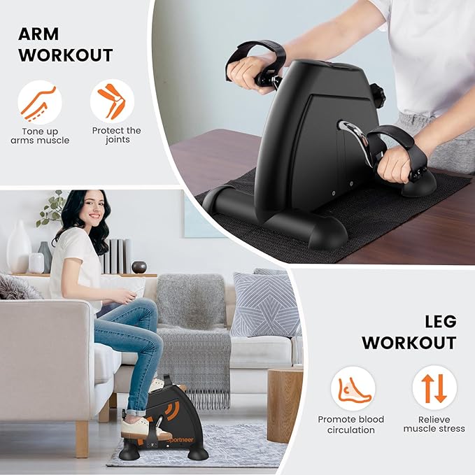 Sportneer Under Desk Bike Pedal Exerciser: Mini Exercise Bike Portable Peddler Sitting for Seniors with LCD Display Arm & Leg Bike Pedals Exerciser with Anti-Skid Mat for Home Office