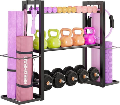 3-Tier Adjustable Dumbbell Rack Heavy Duty Metal Storage Rack, Dumbbell Weight Rack and Kettlebells Rack, Yoga Mat Organizer, Multi-Purpose Gym Equipment Storage Stand for Home Gym Accessories