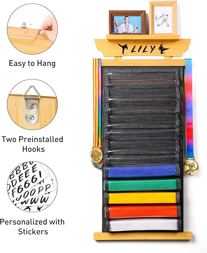 Tilhumt 12/10 Belts Karate Belt Display Rack with Stickers, Taekwondo Belt Display with Trophy/Photo Rack, Felt Dustproof Design, Easy to Put in Belt, Martial Arts Belt Display for Adults