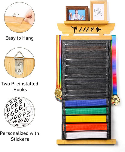Tilhumt 12/10 Belts Karate Belt Display Rack with Stickers, Taekwondo Belt Display with Trophy/Photo Rack, Felt Dustproof Design, Easy to Put in Belt, Martial Arts Belt Display for Adults