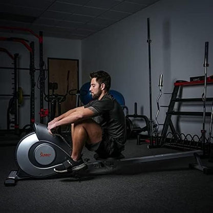 Sunny Health & Fitness Flip & Foldable Rowing Machine for Home w/Extended Slide Rail, Full-Body Workout, Low-Impact, Optional Extra Long Rail, Quiet Rail Cover, Water Motion and Free SunnyFit App