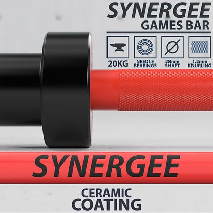 Synergee Games 15kg and 20kg Colored Ceramic Coated Barbells. Rated 1500lbs for Weightlifting and Powerlifting. Black, Red, Grey, Pink