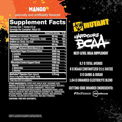 Mutant Hardcore BCAA - Pre, Intra or Post Workout ??BCAA Next Level branched-Chain Amino Acids Supplement ??Hydration + Recovery - 30 Serving - Mango