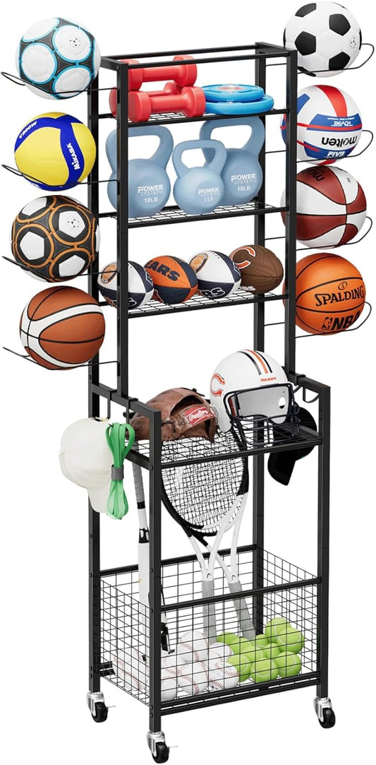 OYEAL Freestanding Ball Rack with Wheels Garage Basketball Storage Cart Outside Sports Equipment