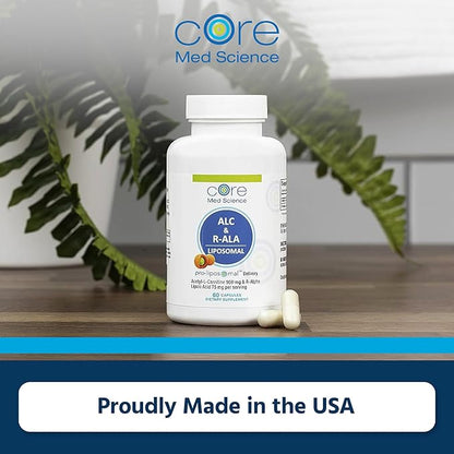 Core Med Science Liposomal ALC & R-ALA Supplement Capsules - Acetyl-L-Carnitine (900mg) & R-Alpha Lipoic Acid (75mg) - Promotes Energy & Focus - Supports Mental Function & Memory Cognition (60 Count)