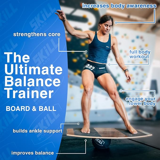 The Skill Board - Wooden Balance Board for Adults - Wobble Board for All Sports, Gym, Standing Desk, or Yard Games - Balance Trainer, Fitness Ball, Ball Pump, Grip Tape