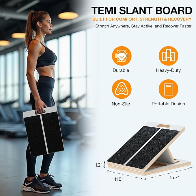 TEMI Slant Board for Calf-Stretching - Wooden Incline Wedge Stretcher for Squats, Foot & Ankle Mobility, Portable Fitness Equipment, Balance Block for Heel Stretch