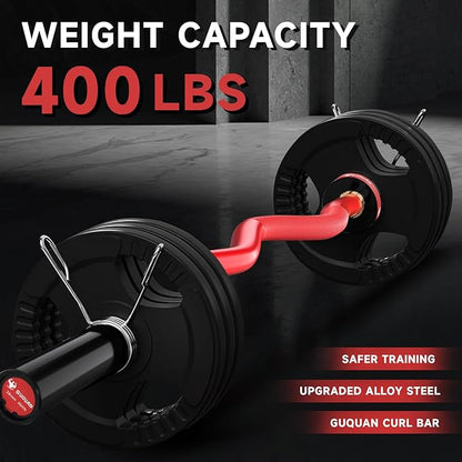 Olympic EZ Curl Barbell Bar, 400LBS Weight Capacity Olympic Curl Bar, 4ft Barbell Weight Bar with Knurled Grip for 2 Inch Weight Plates, Hip Thrusts,Squat,Biceps-Home Gym Weight Bar