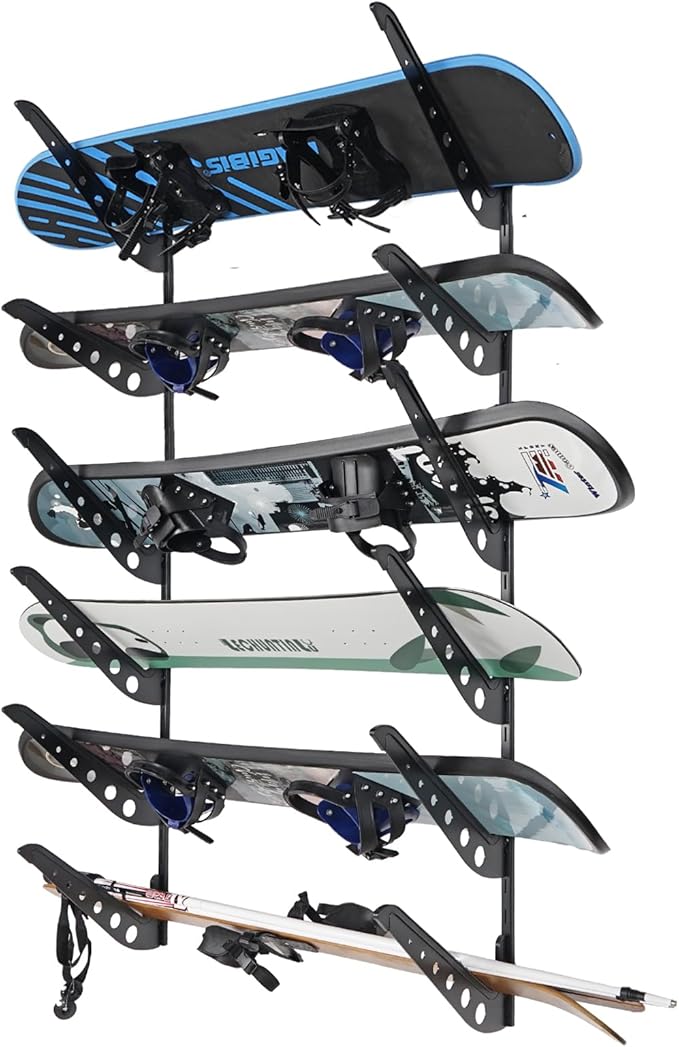 6 Board Snowboard Wall Racks, Adjustable Storage Rack for Ski, Surfboard, Wakeboard, Snowboard Wall Mount Display, Black