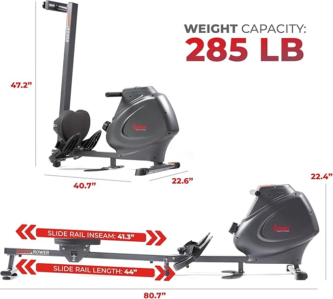 Sunny Health & Fitness Multi-Function Premium Magnetic Rowing Machine, Bicep Curls, Upward Rows, Seated Rows, Foldable Slide Rails, Digital Monitor, Optional Free SunnyFit App Connection