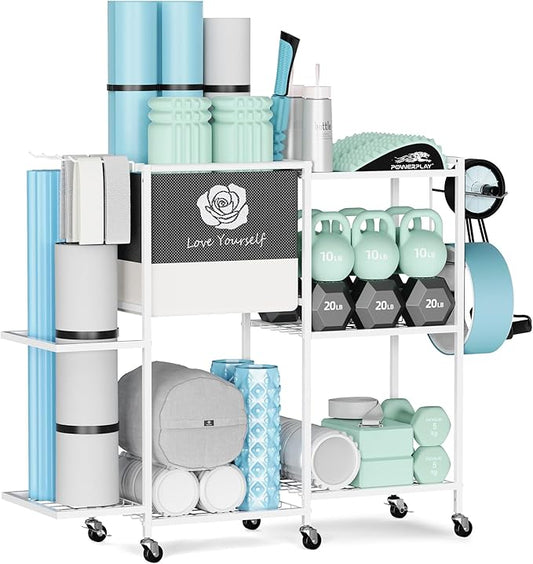 Yoga Mat Storage Rack，Home Gym Storage Rack Gym Workout Equipment Storage Organizer Fitness Weight Rack on Wheels for Yoga Mat,Yoga Block,Foam Roller,Resistance Band,Dumbbell,Kettlebell and Other Workout Accessories