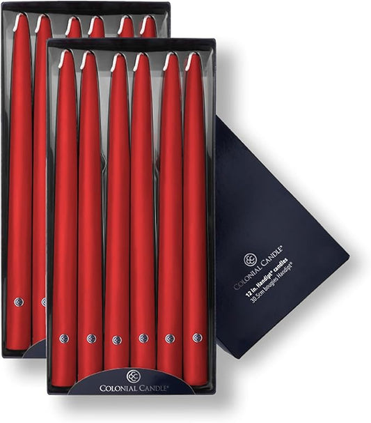 Colonial Candle Unscented Taper Candle, Handipt Collection, Red, 12 In, Pack of 12 - Up to 10 Hours