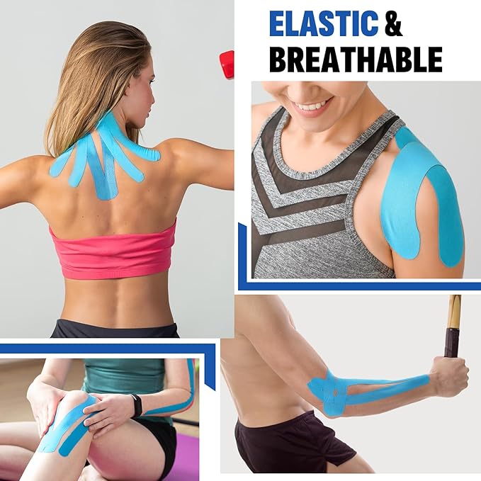 60PCS Precut Kinesiology Tape Strips, 2 inch x 10 inch Athletic Tape, Kinetic Tape, Elastic Muscle Tape, Sports Tape, Knee Tape for Exercise and Daily Use - Light Blue