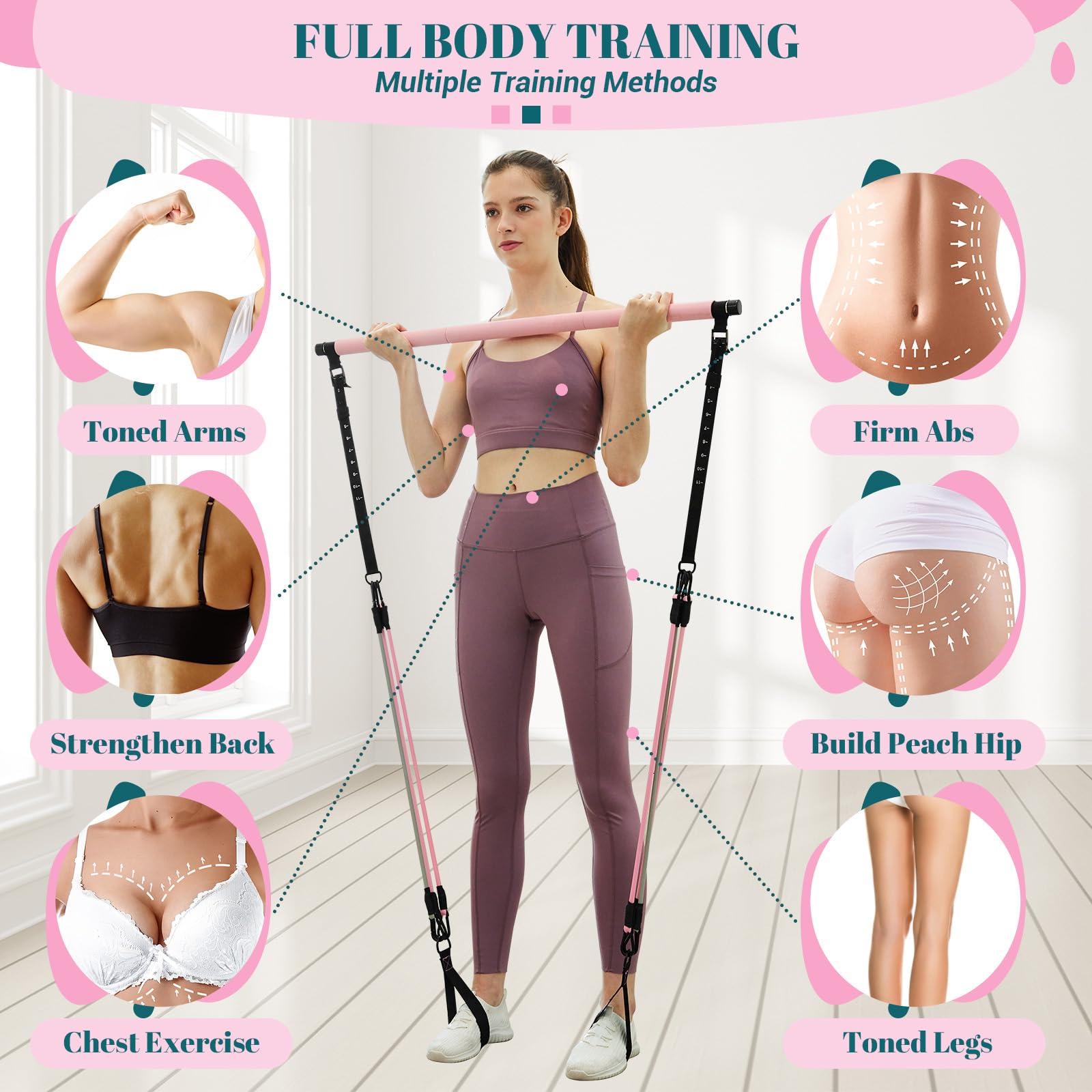 Pilates Bar Kit with Resistance Bands, Multifunctional Yoga Pilates Kit