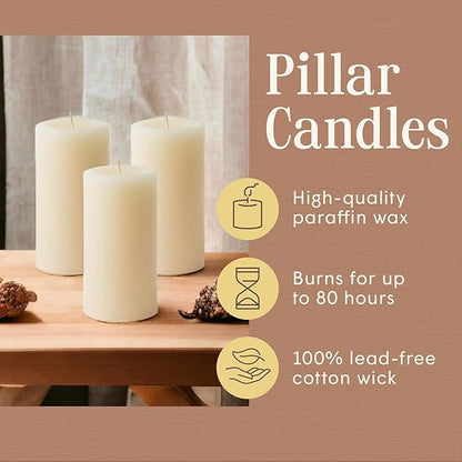 Mister Candle Dripless Unscented Ivory Pillar Candles Hand Poured, Solid Color Non-Scented Candles for Home Decor, Premium Wax, 80 Hr Burn Time, 3x6 Inch