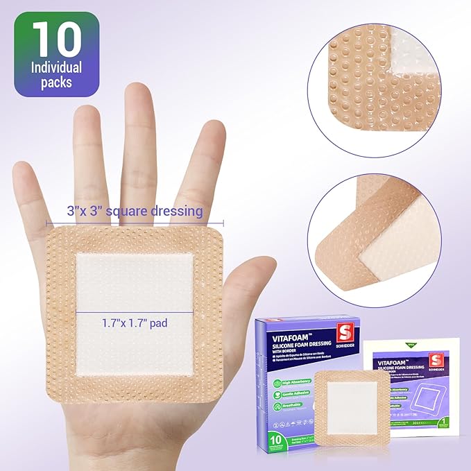 Silicone Foam Dressing 3" x 3" with Border, High Absorbency Wound Bandage, Gentle Adhesion, Soft Breathable Silicone Bandages for Wound Care, Pack of 10