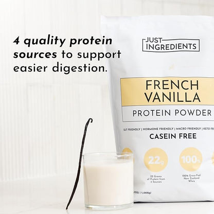 JUST INGREDIENTS French Vanilla Protein Powder ??30 Serving Bag ??Grass-Fed Whey & Plant Protein Blend with Real Vanilla Bean ??Sweetened with Coconut Sugar & Monk Fruit, Non-GMO, Gluten-Free