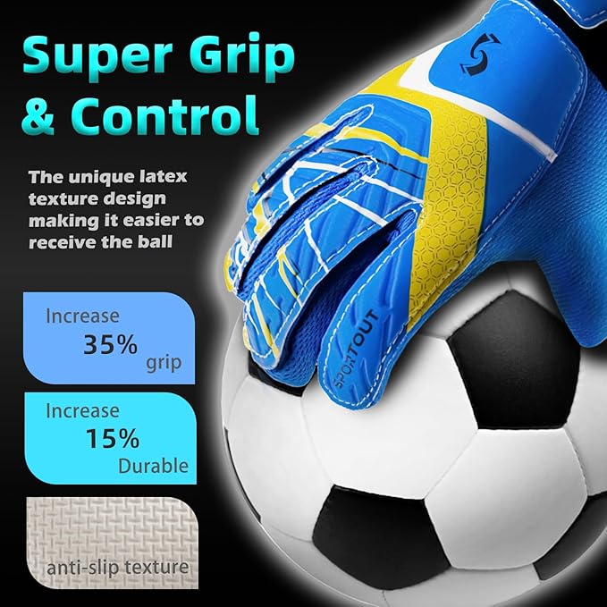 Sportout Kids Goalkeeper Gloves, Soccer Gloves with Double Wrist Protection and Non-Slip Wear Resistant Latex Material to Give Protection to Prevent Injuries