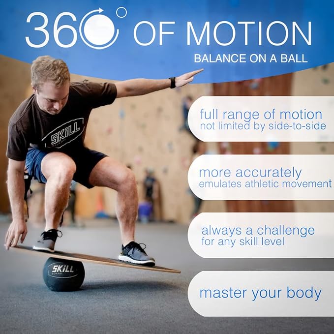 The Skill Board - Wooden Balance Board for Adults - Wobble Board for All Sports, Gym, Standing Desk, or Yard Games - Balance Trainer, Fitness Ball, Ball Pump, Grip Tape