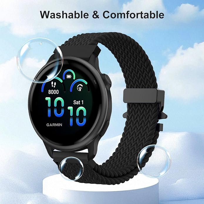 Braided Bands Compatible with Garmin Vivoactive 6/5/3/Venu 2 Plus/Forerunner 165/55/645/245 Music, 20mm Parachute Buckle Soft Stretchy Nylon Band for Garmin Venu/Sq/Sq 2/Vivomove HR Men Women