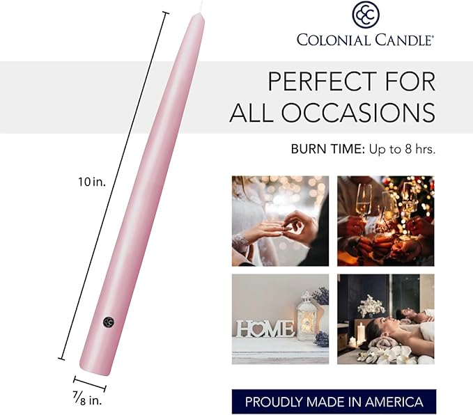 Colonial Candle Unscented Taper Candle, Handipt Collection, Persian Pink, 10 in, Pack of 12 - Up to 8 Hours Burn