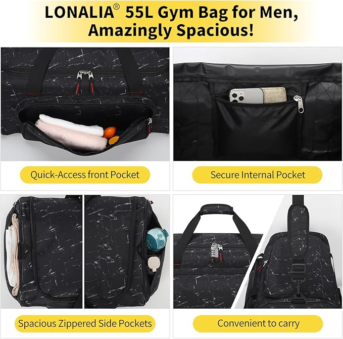 55L Large Gym Duffle Bag for Men - 22 inch Men's Sports Bag Heavy Duty Duffel Bag（Marble Black)
