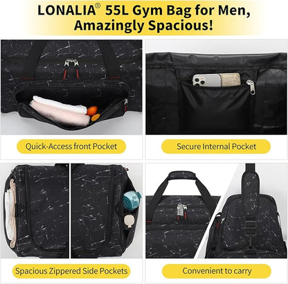 55L Large Gym Duffle Bag for Men - 22 inch Men's Sports Bag Heavy Duty Duffel Bag（Marble Black)