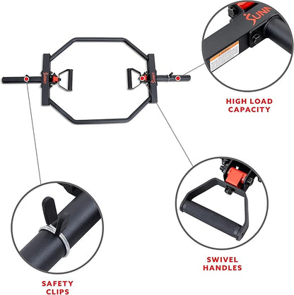 Sunny Health & Fitness Strength Training Olympic Hex Bar Barbell, High Load Capacity, Swivel Handles, Safety Clips, Knurled Handles for Deadlifts, Shoulder Presses, Shrugs, Back Rows, Weightlifting