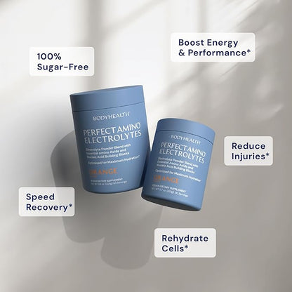 BodyHealth PerfectAmino Electrolytes Powder No Sugar, Keto Sugar Free Fasting Electrolytes Drink Mix, Hydration Powder with Trace Minerals - Orange - 60 Servings
