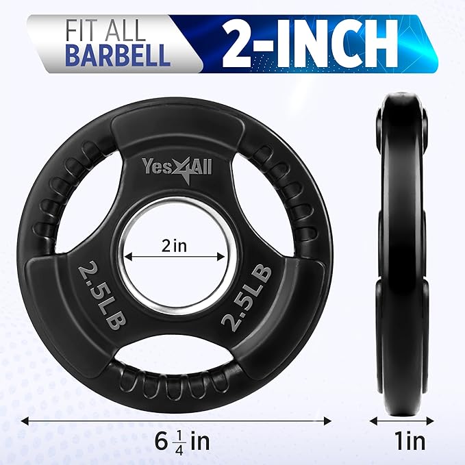 Yes4All Rubber Grip Plates for Barbell, 2-Inch Weight Plates for Weightlifting and Strength Training in Home Gym (Single, Pair and Set)