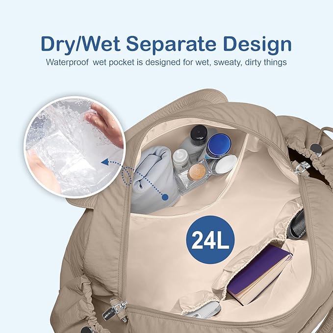 TOPDesign Travel Duffel Bag for Women, Puffer Gym Bag Sports Tote with Wet Pocket, Carry On Weekender with Luggage Sleeve (Camel)