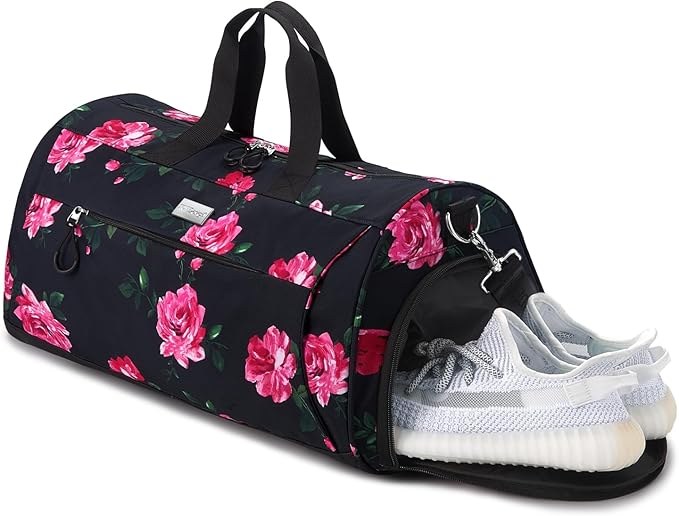 TOPDesign Gym Bag for Women, Duffel Bag with Shoe Compartment & Wet Pocket for Travel Sports (M Peony)