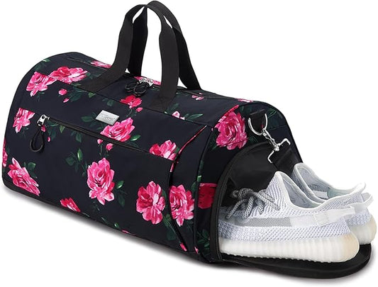TOPDesign Gym Bag for Women, Duffel Bag with Shoe Compartment & Wet Pocket for Travel Sports (M Peony)