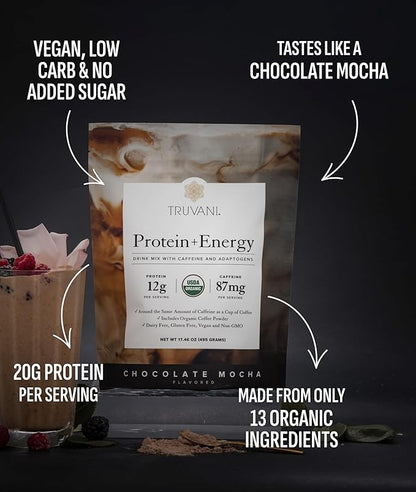Truvani Protein + Energy Drink Mix with 87mg Caffeine | Chocolate Mocha | 12g Organic Plant Based Protein | 20 Servings | USDA Organic Coffee Powder & Adaptogens | Gluten & Dairy Free | Vegan