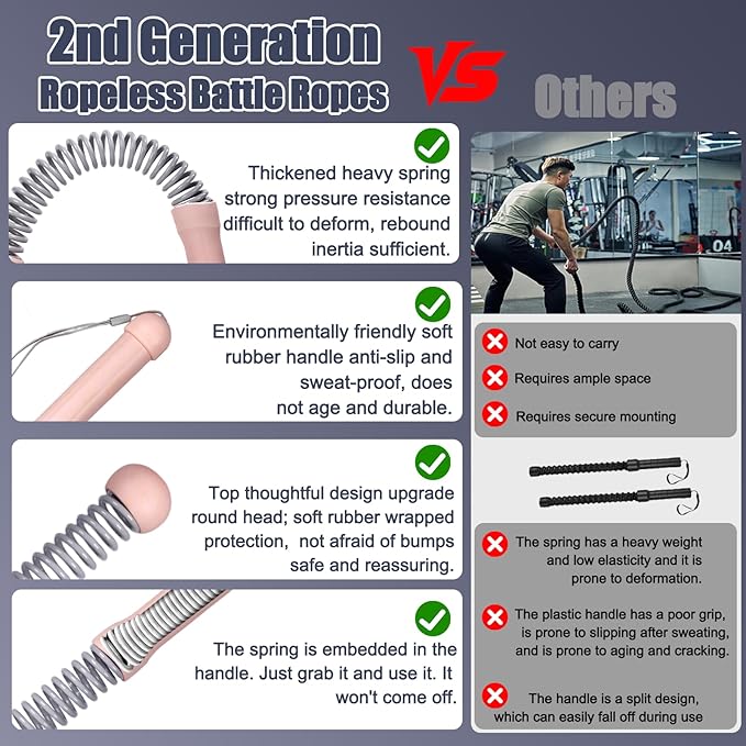 New Upgrade 2nd Generation Weighted Ropeless Battle Ropes for Home Gym,Quiet Cordless Training Rope Fitness Equipment for Women and Men,Portable Cordless Battle Rope for Home&Outdoors,2PCS (Pink)