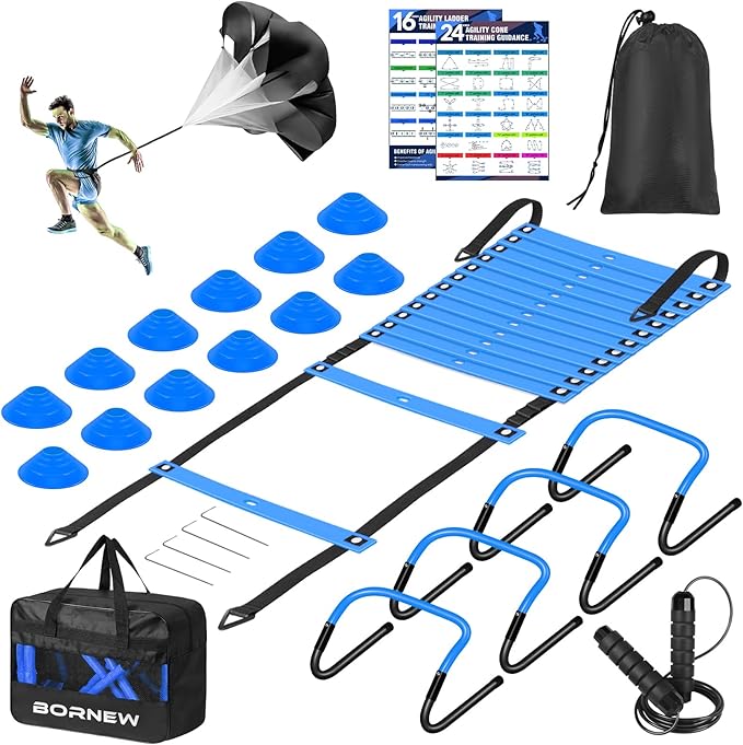 Soccer Training Equipment, Agility Speed Training Set with 20ft Speed Ladder, 12 Cones, 4 Adjustable Hurdles, Jump Rope, Parachute | Ideal for Basketball, Football Practise, for Kids, Youth, Adults